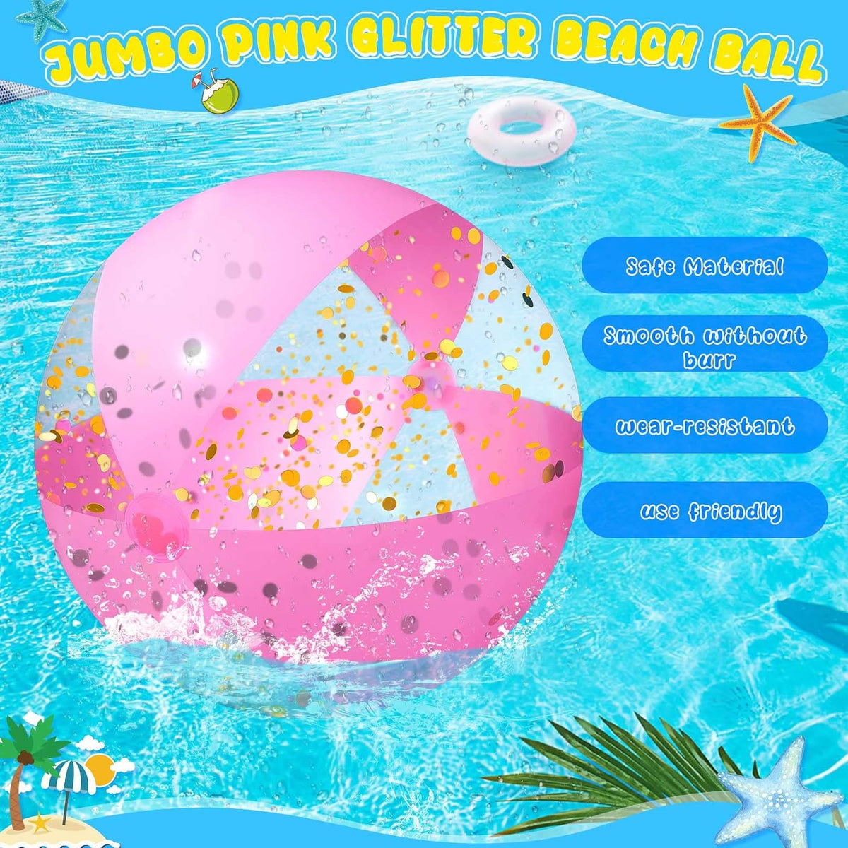 Giant Pink Glitter Inflatable Beach Ball with Repair Tape