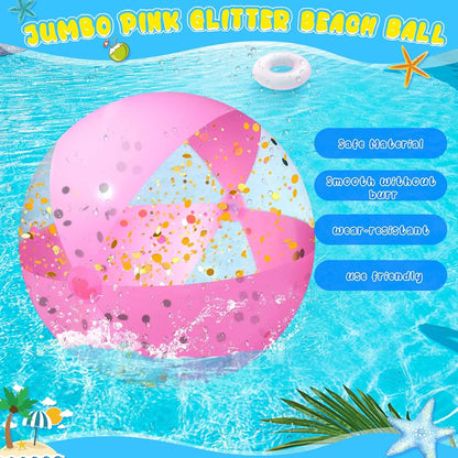 Giant Pink Glitter Inflatable Beach Ball with Repair Tape