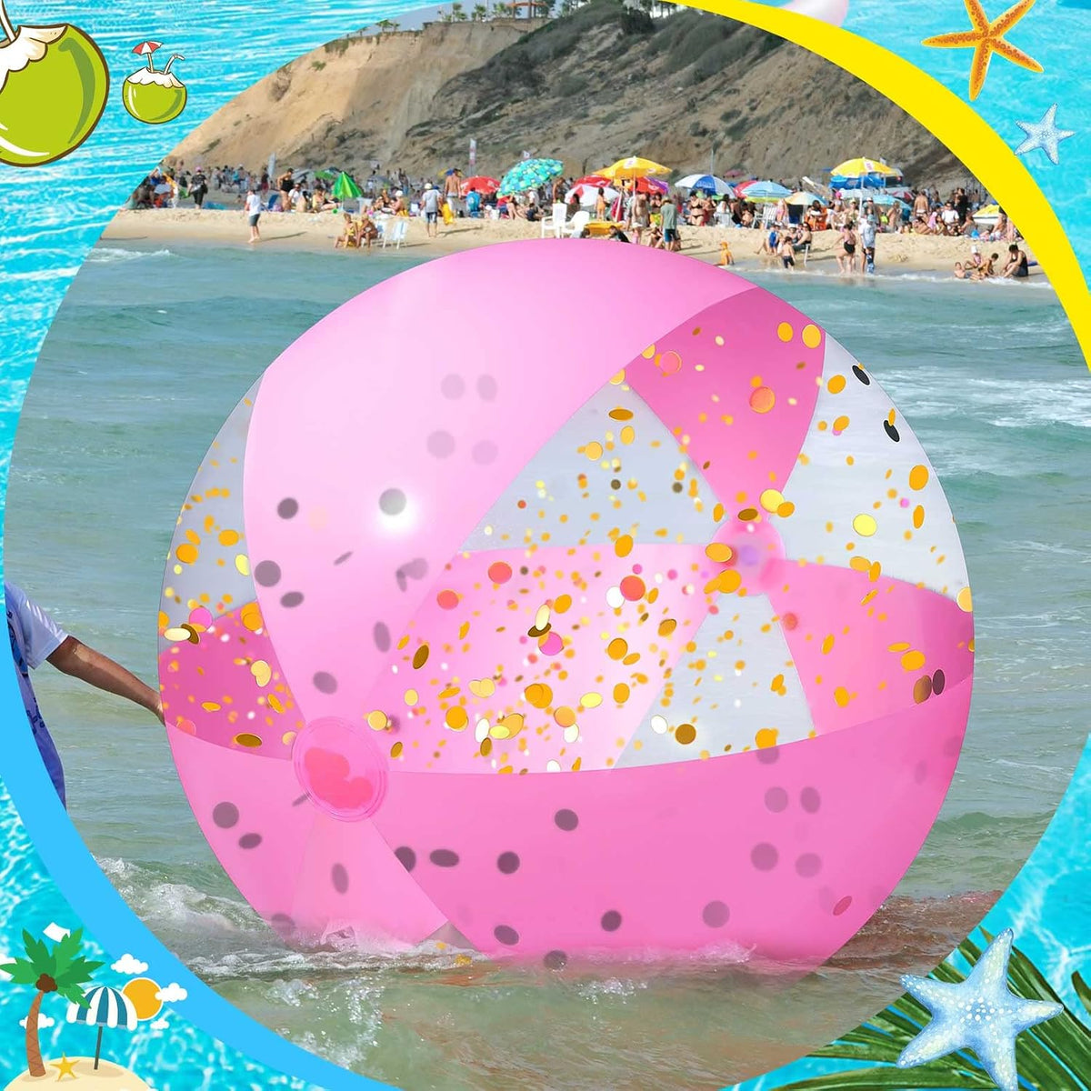 Giant Pink Glitter Inflatable Beach Ball with Repair Tape