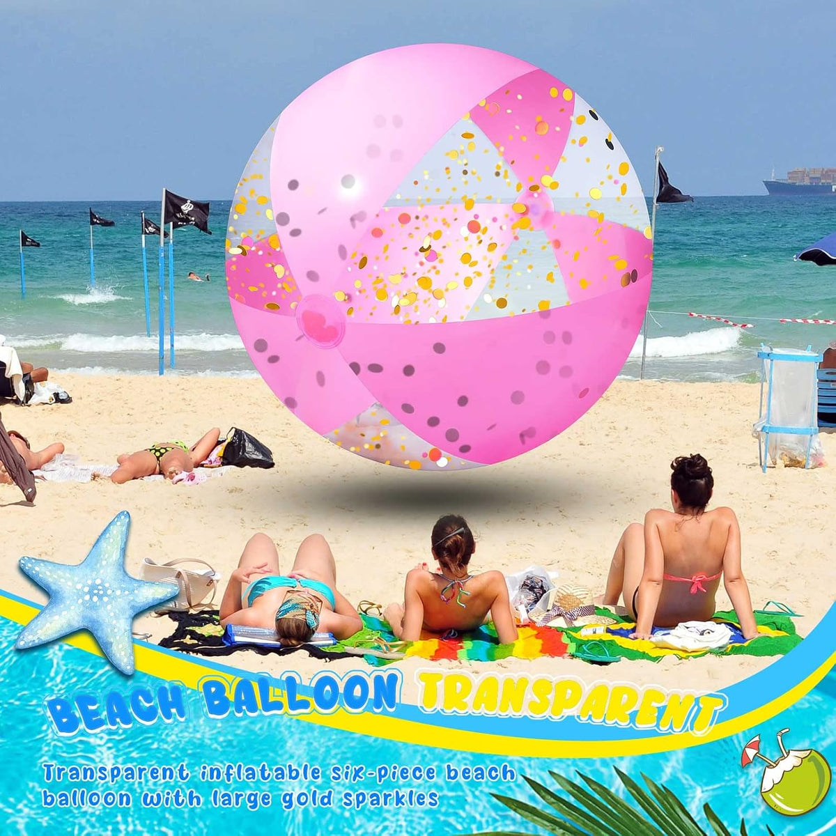 Giant Pink Glitter Inflatable Beach Ball with Repair Tape