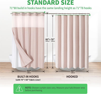 No Hook Linen Texture Shower Curtain with Snap-in Liner,71x80 Blush