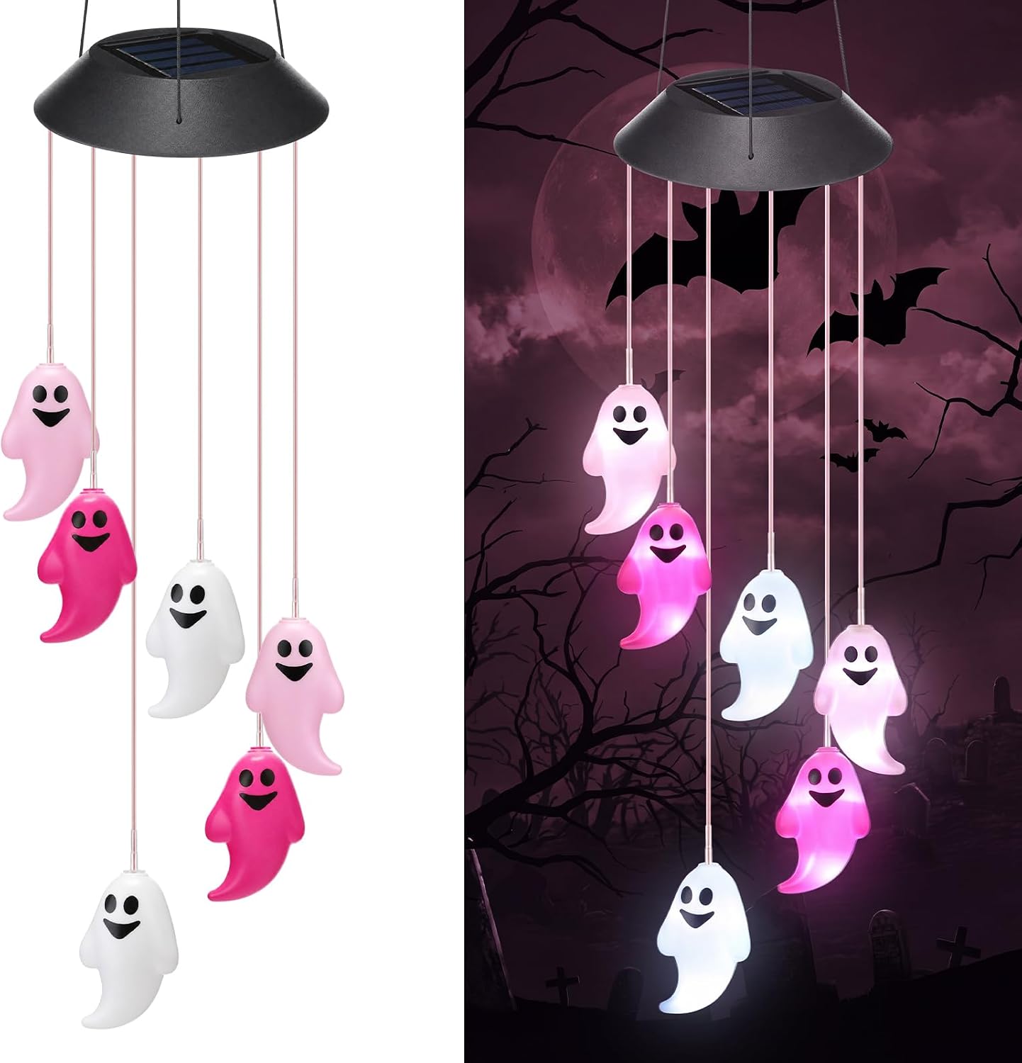 1 Pcs Halloween Solar Wind Chimes for Outside Lights Outdoor Mobile Wind Chime LED Lights for Garden Patio Yard Porch Halloween Decorations Gifts (Pink,White,Ghosts)