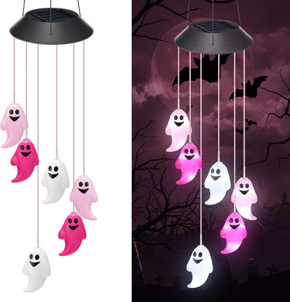 1 Pcs Halloween Solar Wind Chimes for Outside Lights Outdoor Mobile Wind Chime LED Lights for Garden Patio Yard Porch Halloween Decorations Gifts (Pink,White,Ghosts)