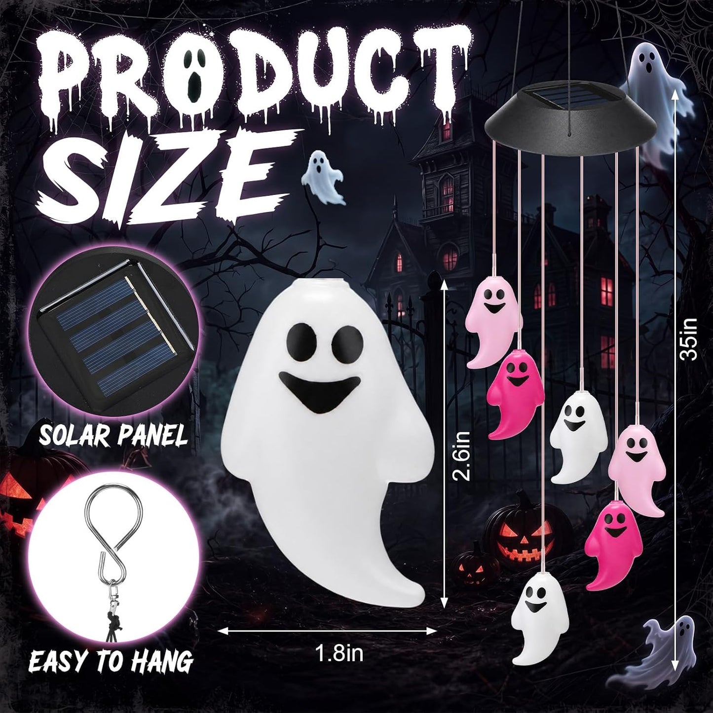 1 Pcs Halloween Solar Wind Chimes for Outside Lights Outdoor Mobile Wind Chime LED Lights for Garden Patio Yard Porch Halloween Decorations Gifts (Pink,White,Ghosts)
