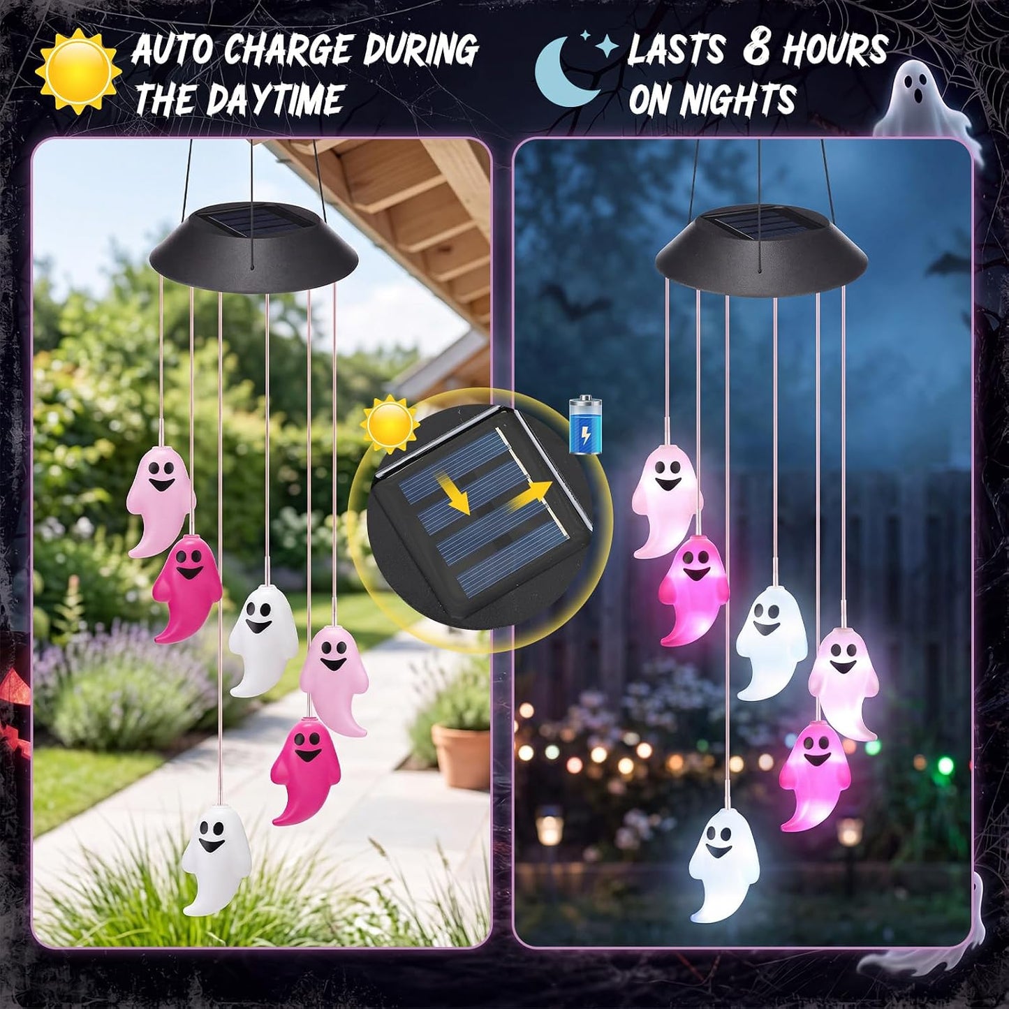 1 Pcs Halloween Solar Wind Chimes for Outside Lights Outdoor Mobile Wind Chime LED Lights for Garden Patio Yard Porch Halloween Decorations Gifts (Pink,White,Ghosts)