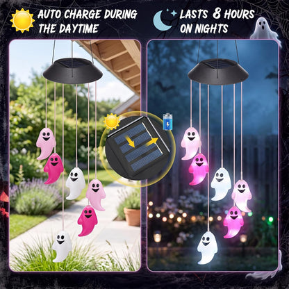 1 Pcs Halloween Solar Wind Chimes for Outside Lights Outdoor Mobile Wind Chime LED Lights for Garden Patio Yard Porch Halloween Decorations Gifts (Pink,White,Ghosts)