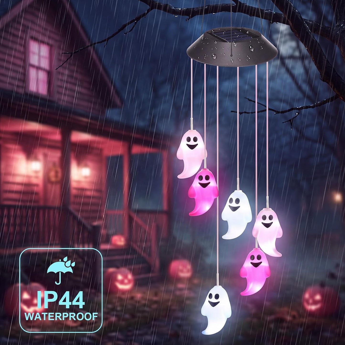 1 Pcs Halloween Solar Wind Chimes for Outside Lights Outdoor Mobile Wind Chime LED Lights for Garden Patio Yard Porch Halloween Decorations Gifts (Pink,White,Ghosts)