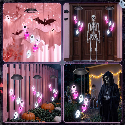 1 Pcs Halloween Solar Wind Chimes for Outside Lights Outdoor Mobile Wind Chime LED Lights for Garden Patio Yard Porch Halloween Decorations Gifts (Pink,White,Ghosts)