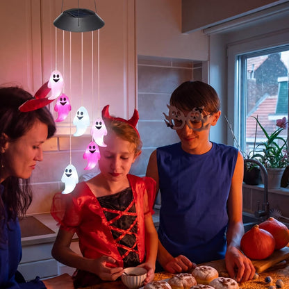 1 Pcs Halloween Solar Wind Chimes for Outside Lights Outdoor Mobile Wind Chime LED Lights for Garden Patio Yard Porch Halloween Decorations Gifts (Pink,White,Ghosts)