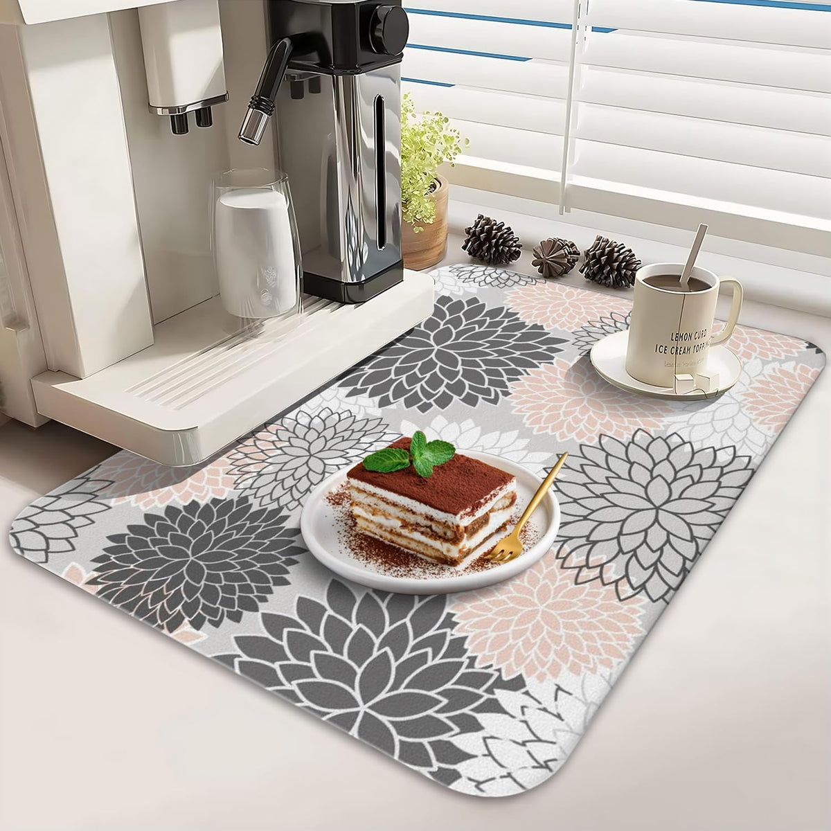 Dish Drying Mat 2-Pack Grey Pink Dahlia for Kitchen Counter Dishes Mat