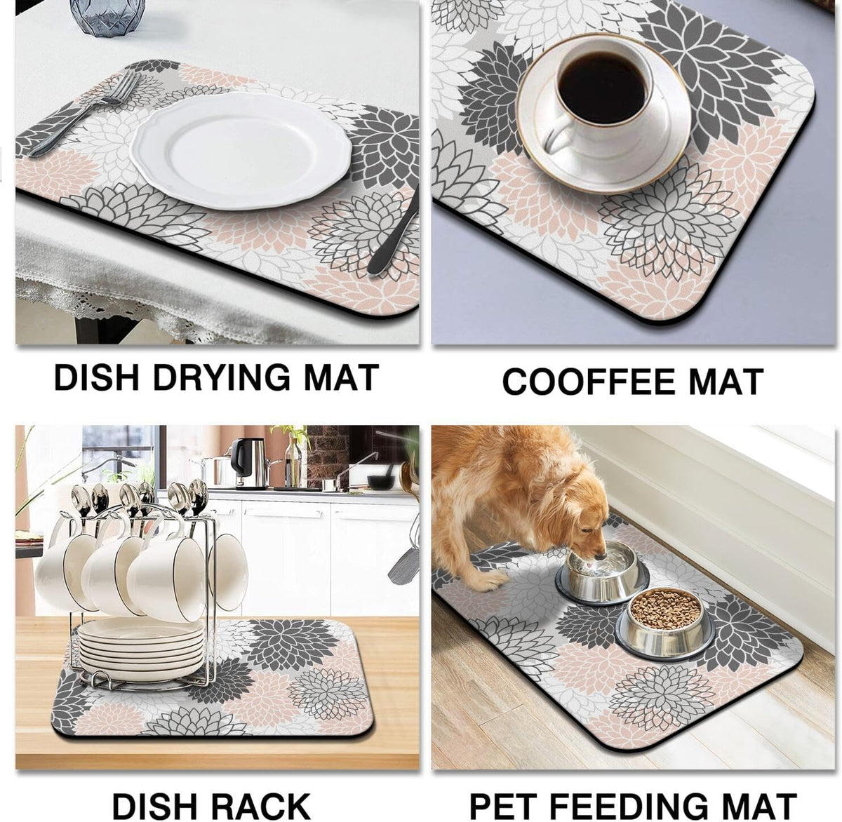 Dish Drying Mat 2-Pack Grey Pink Dahlia for Kitchen Counter Dishes Mat