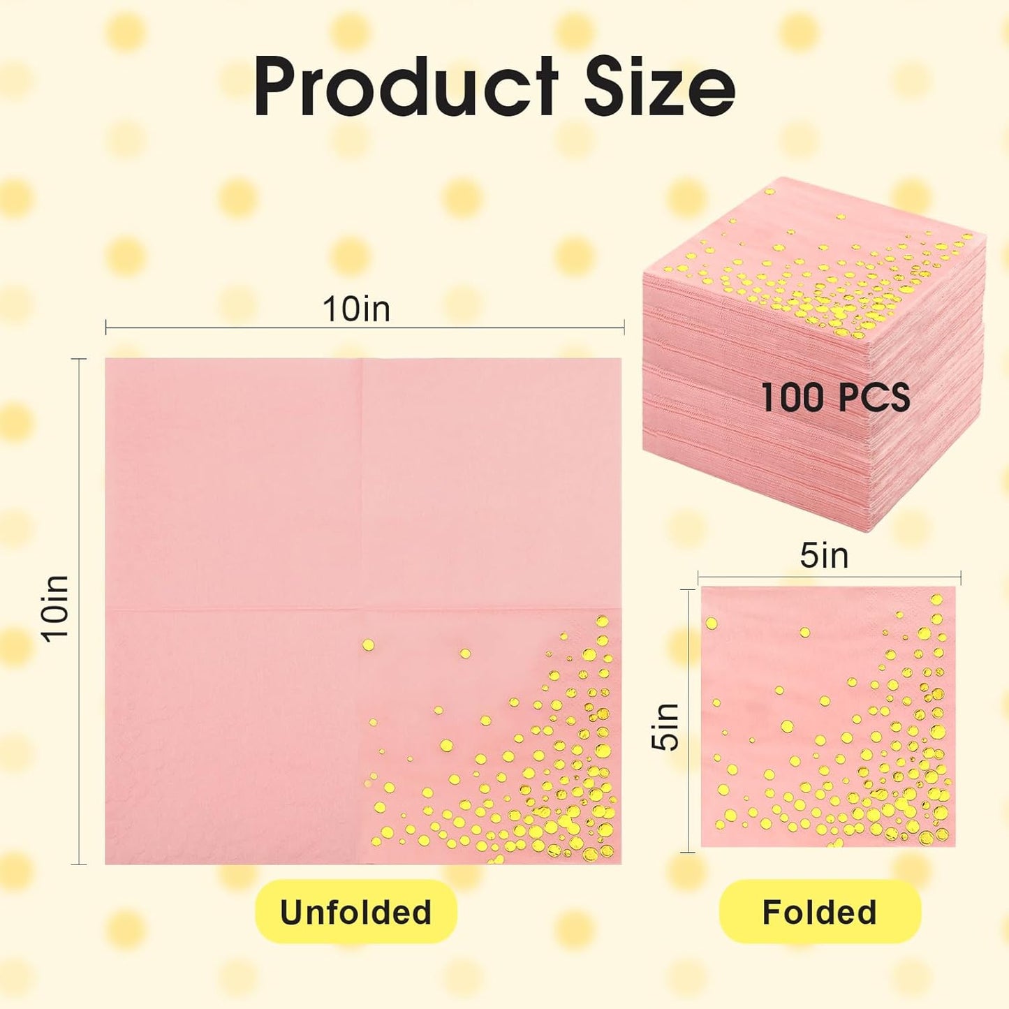100 Pcs Gold Cocktail Napkins, 3-Ply Party Paper Napkins, 5 x 5 Inches Bar Napkin Disaposable for Weddings, Birthdays, Baby Showers, Anniversaries, and Cocktail Parties (Pink)