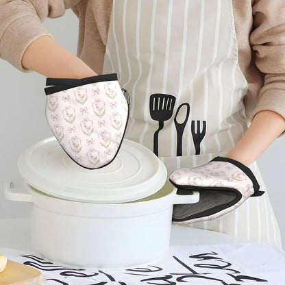 Silly Goose Pink Bow Crest Vintage Mini Oven Mitts Non-Slip Silicone Grips Heat Resistant Kitchen Gloves for Cooking & Baking 5.9"x5.9"