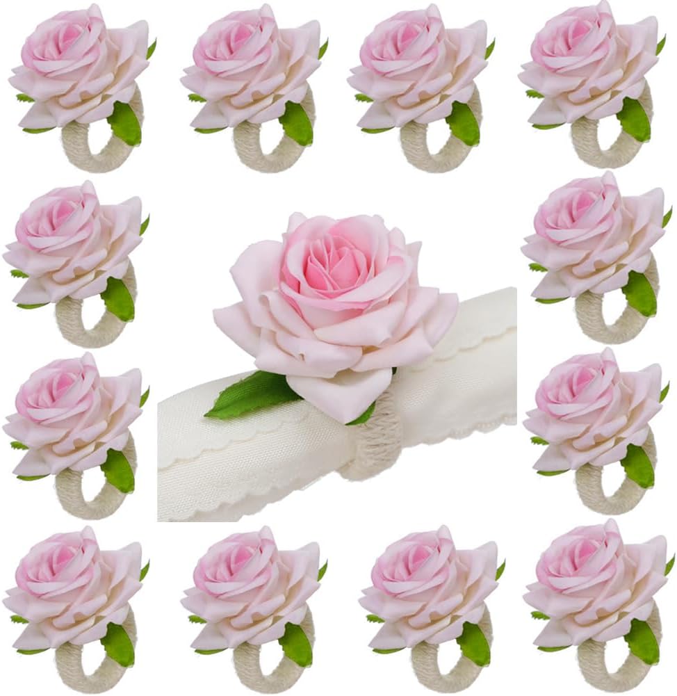 48Pcs Wedding Napkin Rings,Pink Artificial Rose Flower Napkin Holder