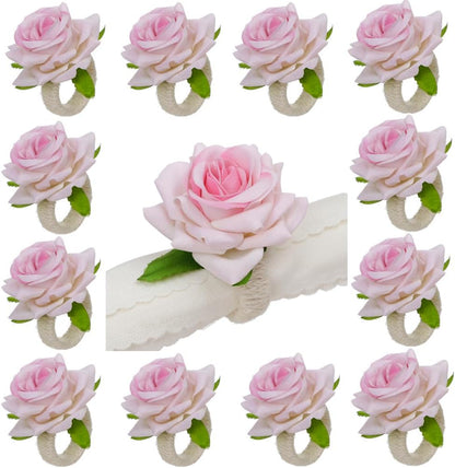 48Pcs Wedding Napkin Rings,Pink Artificial Rose Flower Napkin Holder