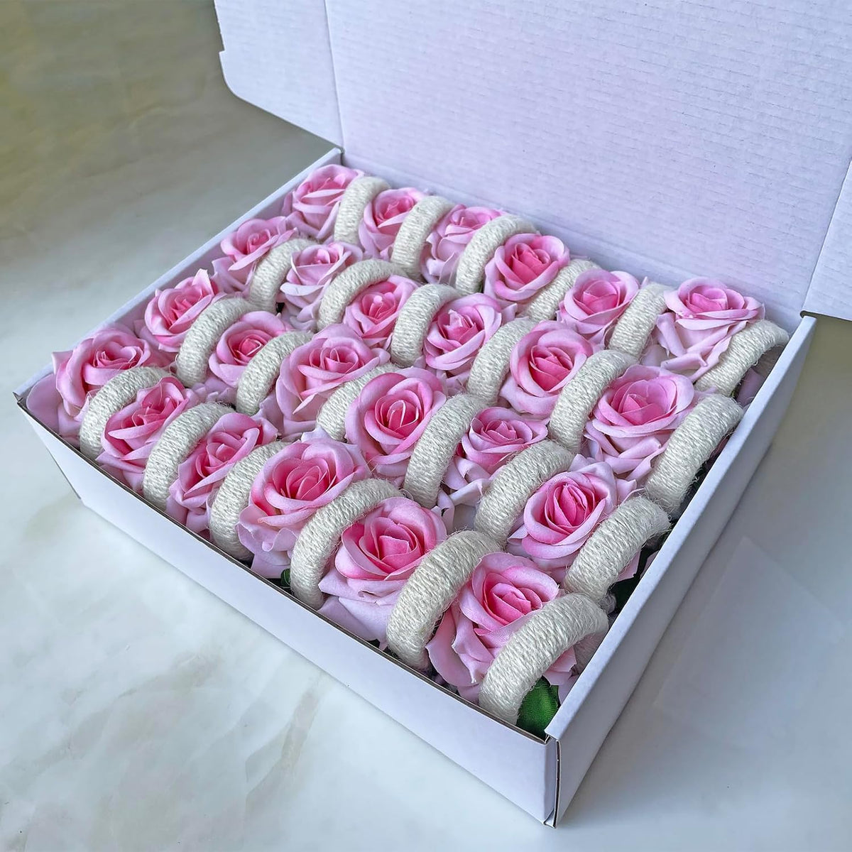 48Pcs Wedding Napkin Rings,Pink Artificial Rose Flower Napkin Holder