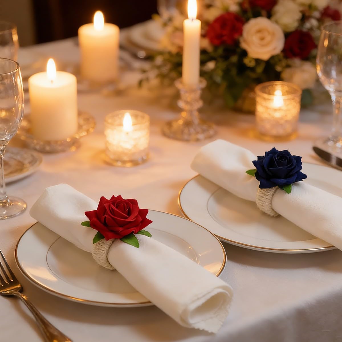 48Pcs Wedding Napkin Rings,Pink Artificial Rose Flower Napkin Holder