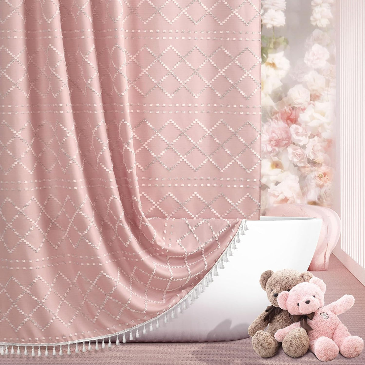 Boho Pink Textured Shower Curtain with Tassels 72 x 72 Tufted Chevron Striped Chenille Woven Fabric Cloth Shower Curtain Modern Farmhouse Minimalist, Shabby Chic Home Decor for Bathroom