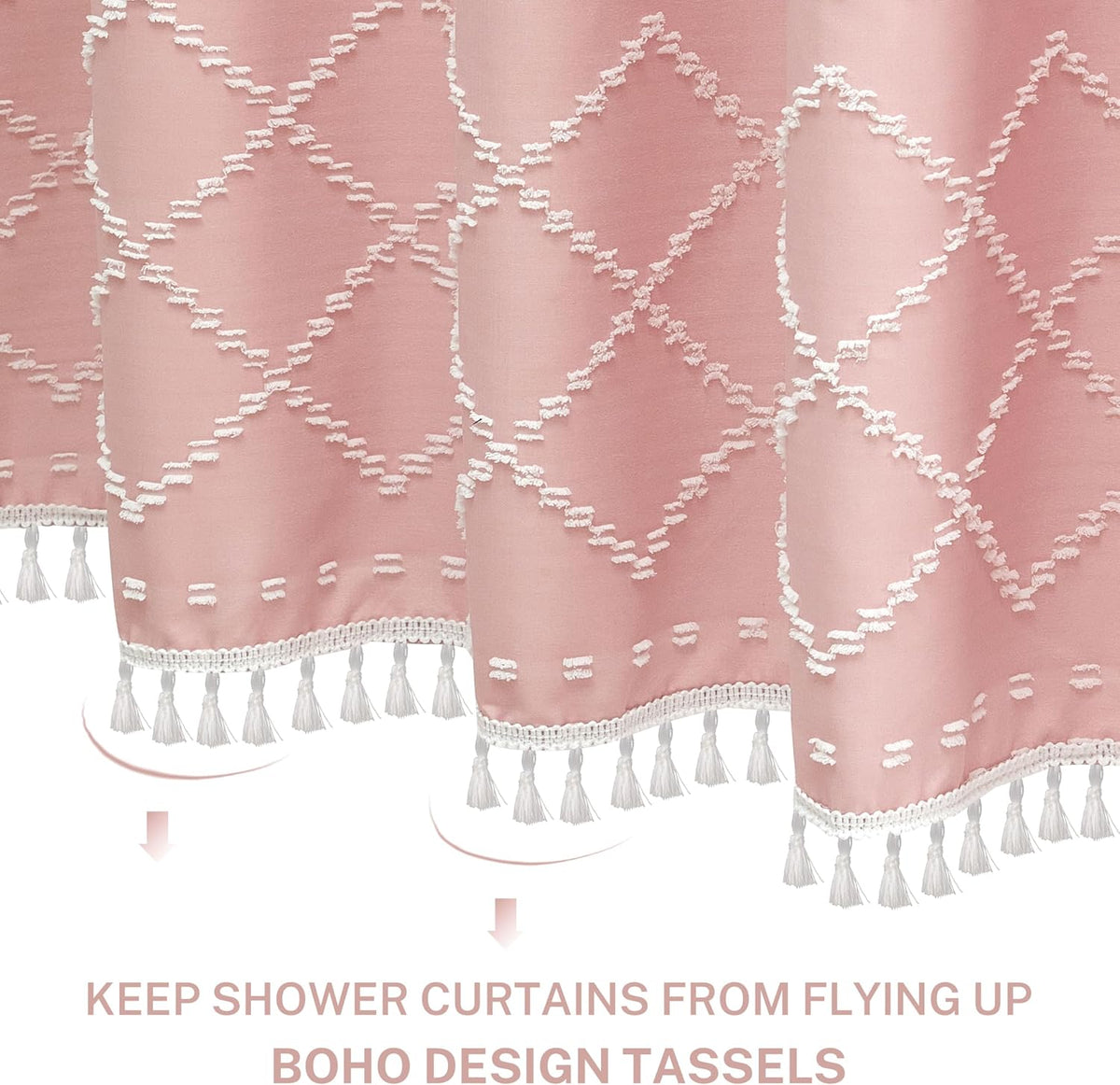 Boho Pink Textured Shower Curtain with Tassels 72 x 72 Tufted Chevron Striped Chenille Woven Fabric Cloth Shower Curtain Modern Farmhouse Minimalist, Shabby Chic Home Decor for Bathroom
