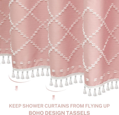 Boho Pink Textured Shower Curtain with Tassels 72 x 72 Tufted Chevron Striped Chenille Woven Fabric Cloth Shower Curtain Modern Farmhouse Minimalist, Shabby Chic Home Decor for Bathroom