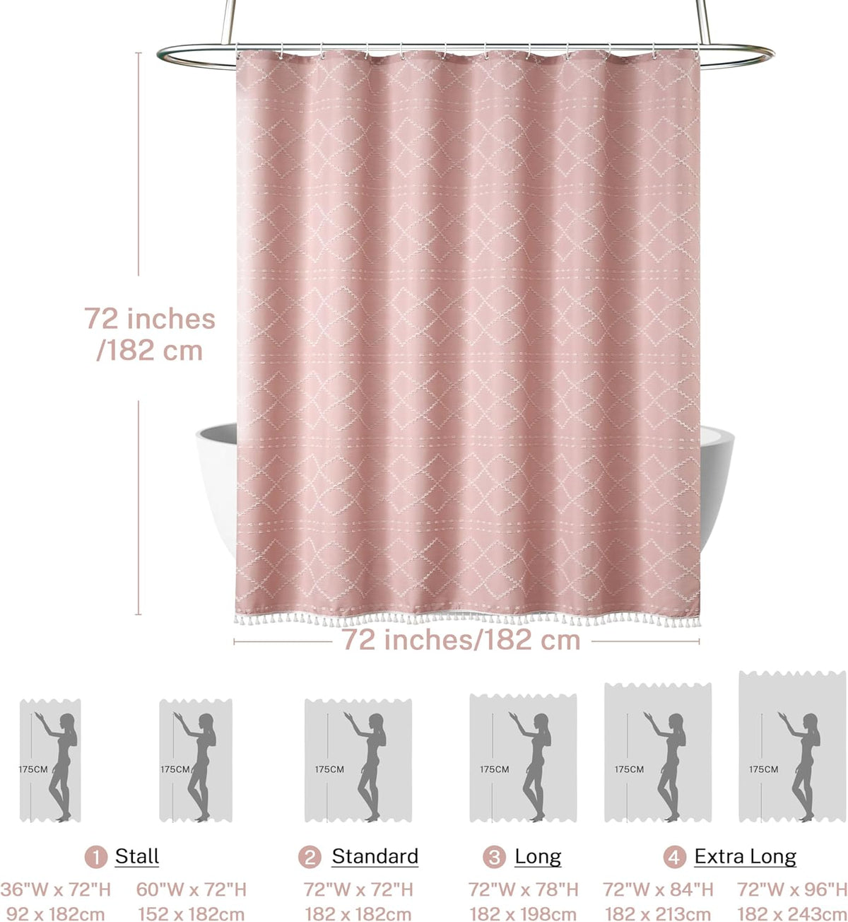 Boho Pink Textured Shower Curtain with Tassels 72 x 72 Tufted Chevron Striped Chenille Woven Fabric Cloth Shower Curtain Modern Farmhouse Minimalist, Shabby Chic Home Decor for Bathroom
