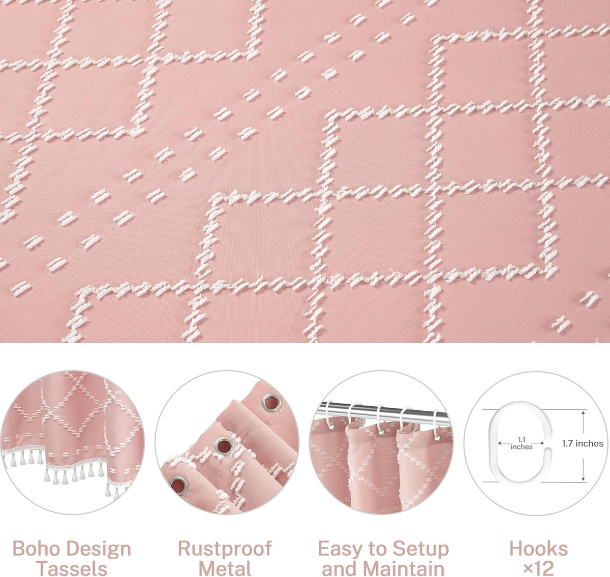 Boho Pink Textured Shower Curtain with Tassels 72 x 72 Tufted Chevron Striped Chenille Woven Fabric Cloth Shower Curtain Modern Farmhouse Minimalist, Shabby Chic Home Decor for Bathroom