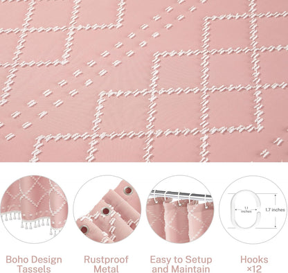 Boho Pink Textured Shower Curtain with Tassels 72 x 72 Tufted Chevron Striped Chenille Woven Fabric Cloth Shower Curtain Modern Farmhouse Minimalist, Shabby Chic Home Decor for Bathroom