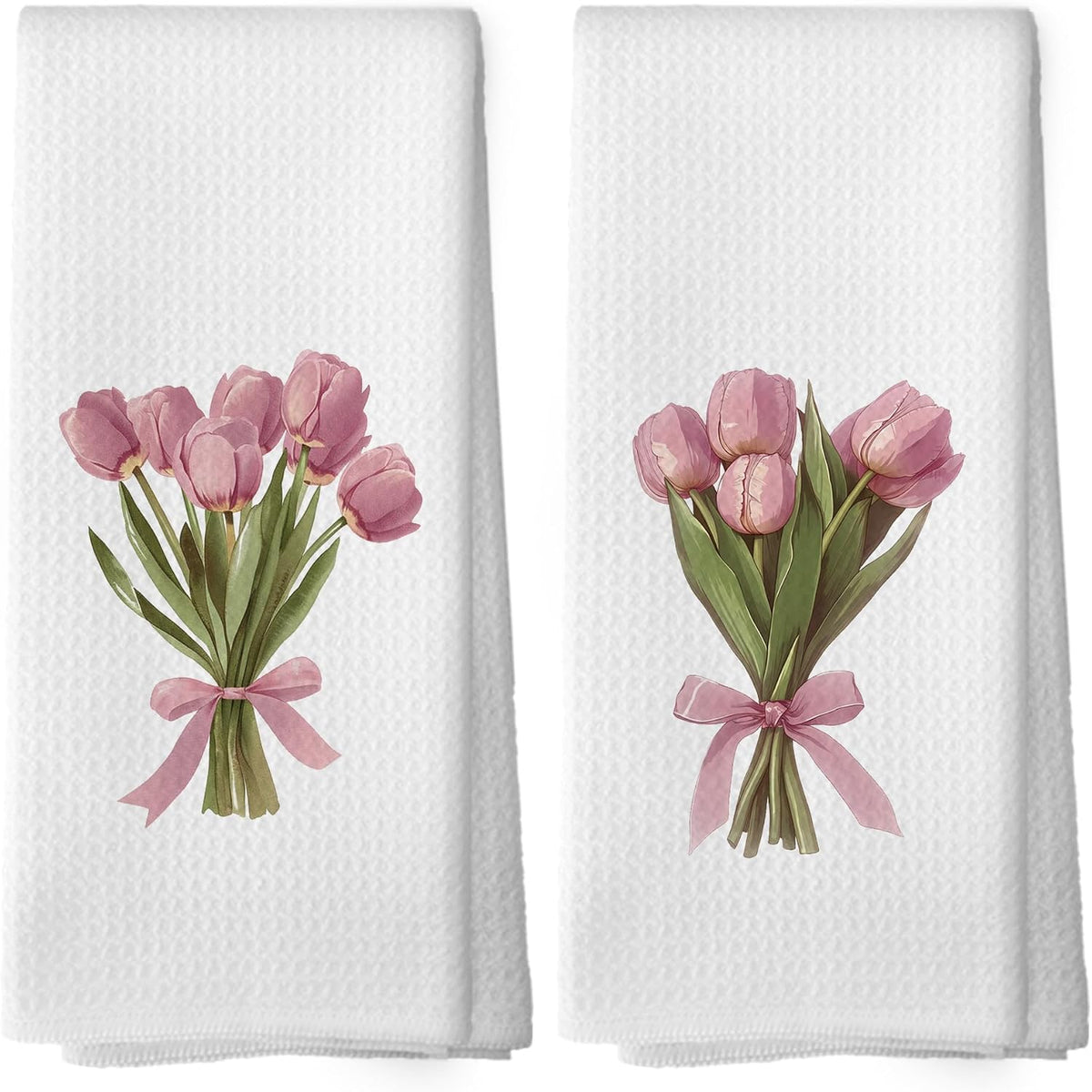 Pink Bows Tulips Bouquet Kitchen Towels Set of 2, Coquette Pink Tulip Girly Aesthetic Hand Towel for Kitchen Bathroom, Spring Floral Botanical Decorative Tea Dish Towels 16x24 Inch