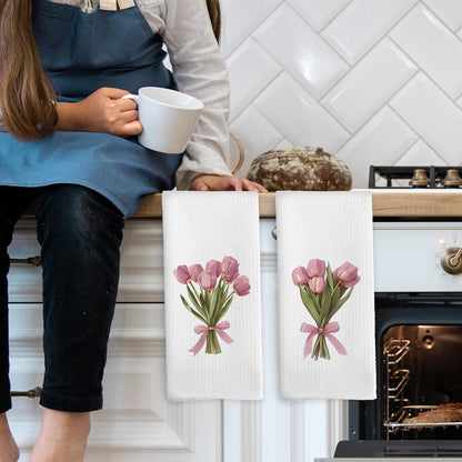 Pink Bows Tulips Bouquet Kitchen Towels Set of 2, Coquette Pink Tulip Girly Aesthetic Hand Towel for Kitchen Bathroom, Spring Floral Botanical Decorative Tea Dish Towels 16x24 Inch