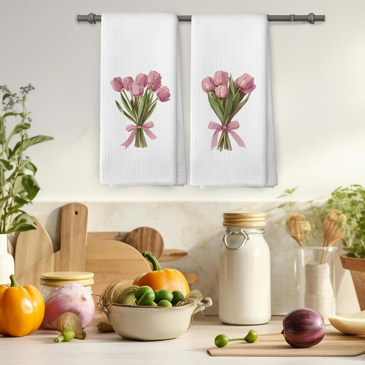 Pink Bows Tulips Bouquet Kitchen Towels Set of 2, Coquette Pink Tulip Girly Aesthetic Hand Towel for Kitchen Bathroom, Spring Floral Botanical Decorative Tea Dish Towels 16x24 Inch