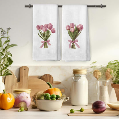Pink Bows Tulips Bouquet Kitchen Towels Set of 2, Coquette Pink Tulip Girly Aesthetic Hand Towel for Kitchen Bathroom, Spring Floral Botanical Decorative Tea Dish Towels 16x24 Inch