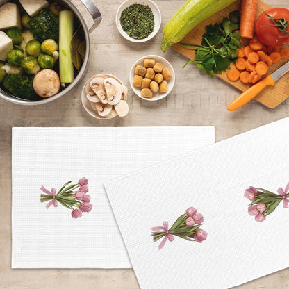Pink Bows Tulips Bouquet Kitchen Towels Set of 2, Coquette Pink Tulip Girly Aesthetic Hand Towel for Kitchen Bathroom, Spring Floral Botanical Decorative Tea Dish Towels 16x24 Inch