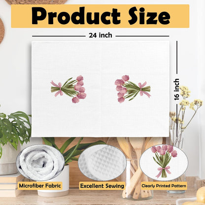 Pink Bows Tulips Bouquet Kitchen Towels Set of 2, Coquette Pink Tulip Girly Aesthetic Hand Towel for Kitchen Bathroom, Spring Floral Botanical Decorative Tea Dish Towels 16x24 Inch