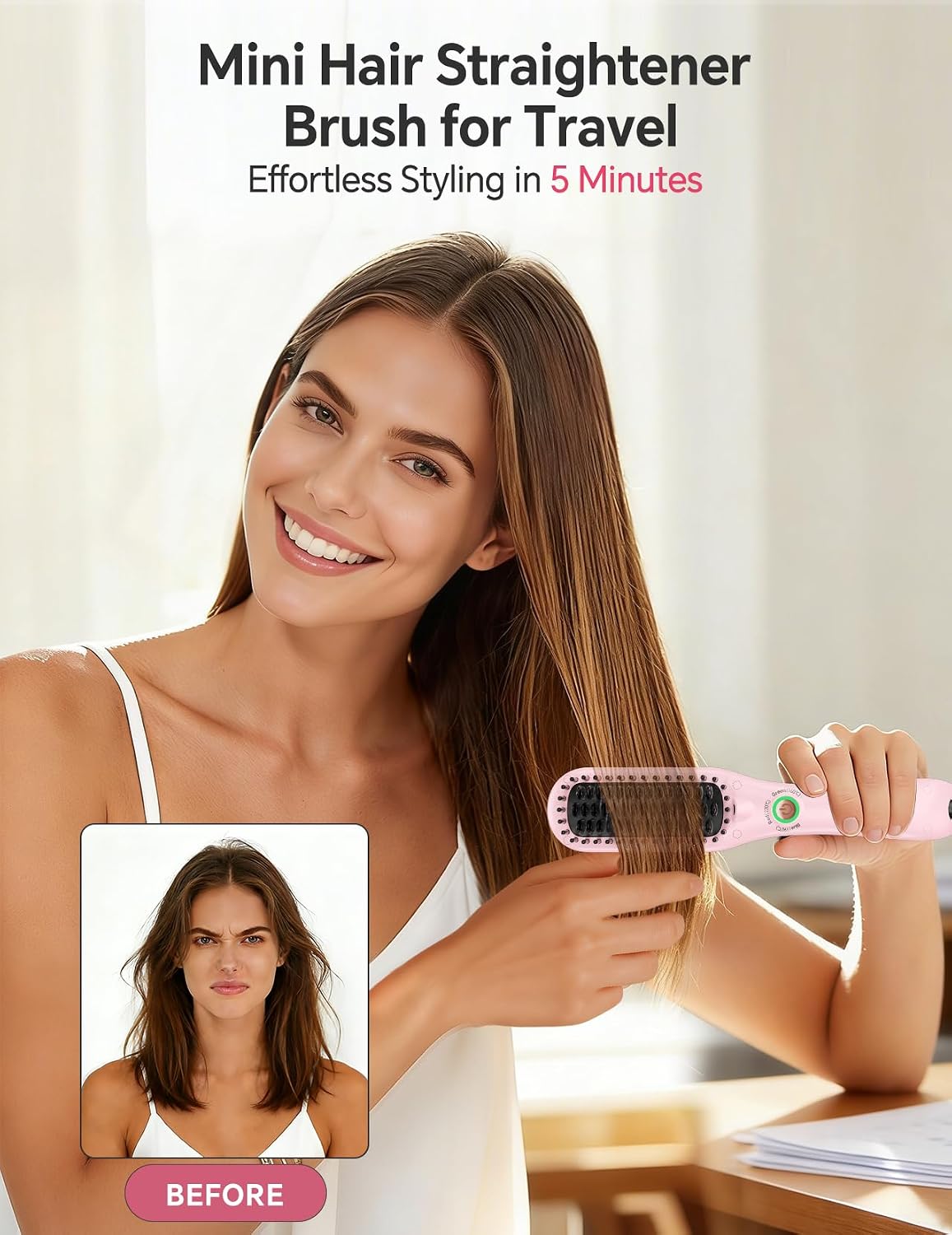 Mini Heated Hair Straightener Brush, Dual Voltage Travel Hot Comb