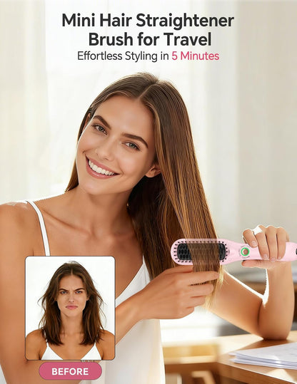 Mini Heated Hair Straightener Brush, Dual Voltage Travel Hot Comb