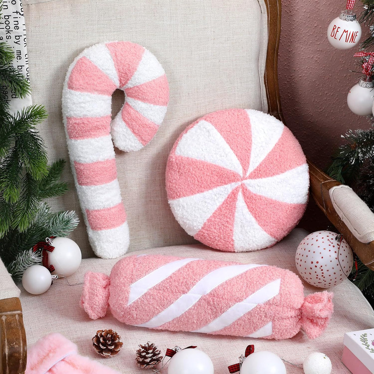 3 Pcs Christmas Pink Throw Pillows, Candy Shapes