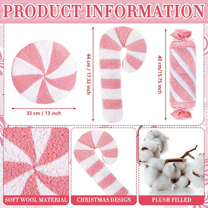 3 Pcs Christmas Pink Throw Pillows, Candy Shapes