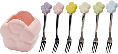 (6 Pieces) Ceramic Storage Jar Stainless Steel Fruit Fork Dessert Spoon Desktop Decoration Set Afternoon Tea