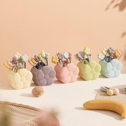 (6 Pieces) Ceramic Storage Jar Stainless Steel Fruit Fork Dessert Spoon Desktop Decoration Set Afternoon Tea