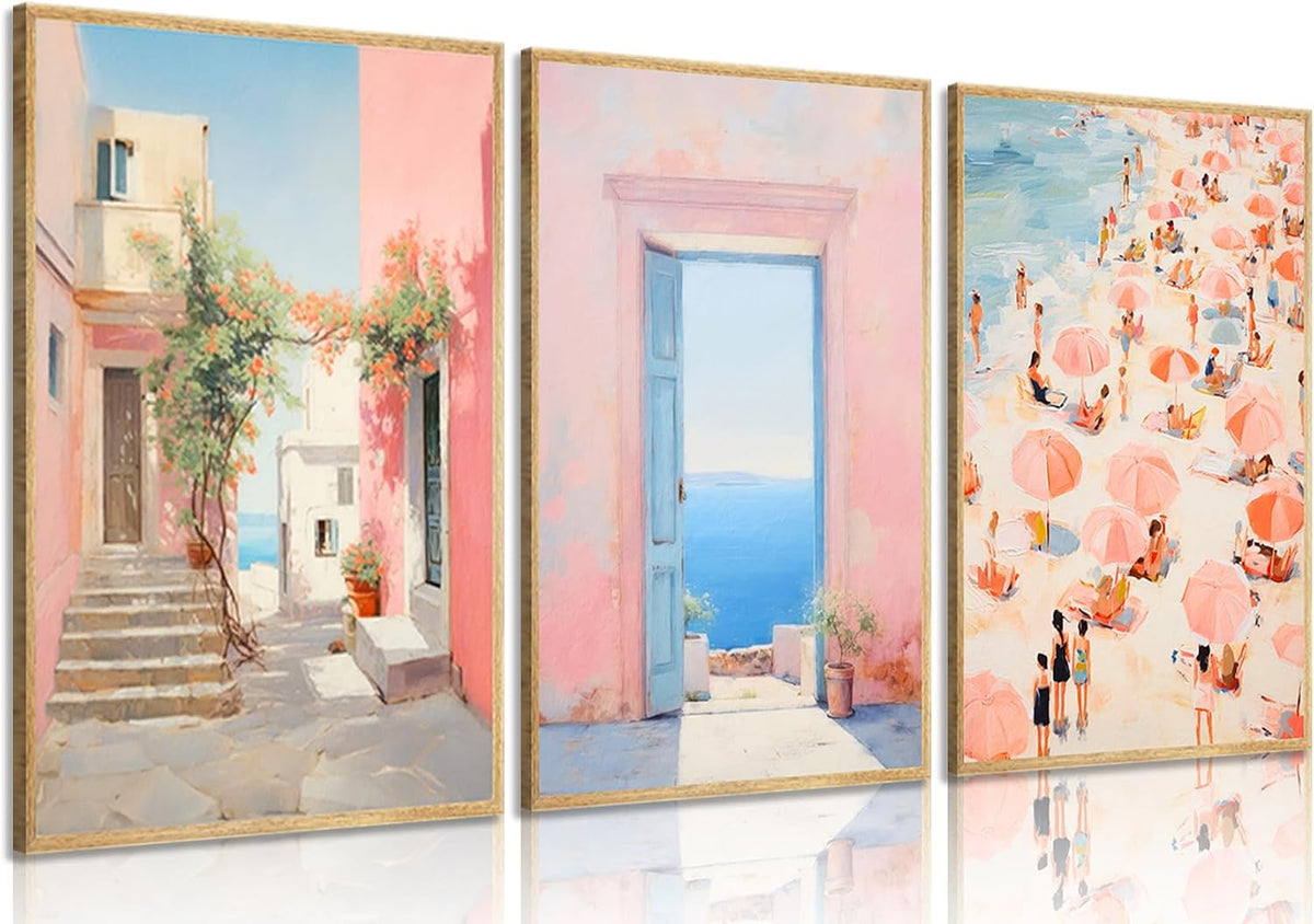 3Pcs Trendy Pink Beach Wall Art Pastel Preppy Coastal Ocean Painting Picture Wall Decor Retro Sea Beachy Scene Canvas Posters Print Artwork for Teen Girl Dorm Girls Room Aesthetic Decor 16x24in Poster
