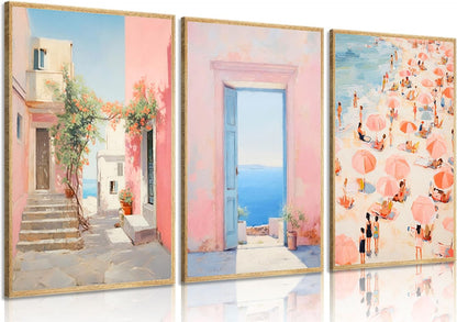 3Pcs Trendy Pink Beach Wall Art Pastel Preppy Coastal Ocean Painting Picture Wall Decor Retro Sea Beachy Scene Canvas Posters Print Artwork for Teen Girl Dorm Girls Room Aesthetic Decor 16x24in Poster