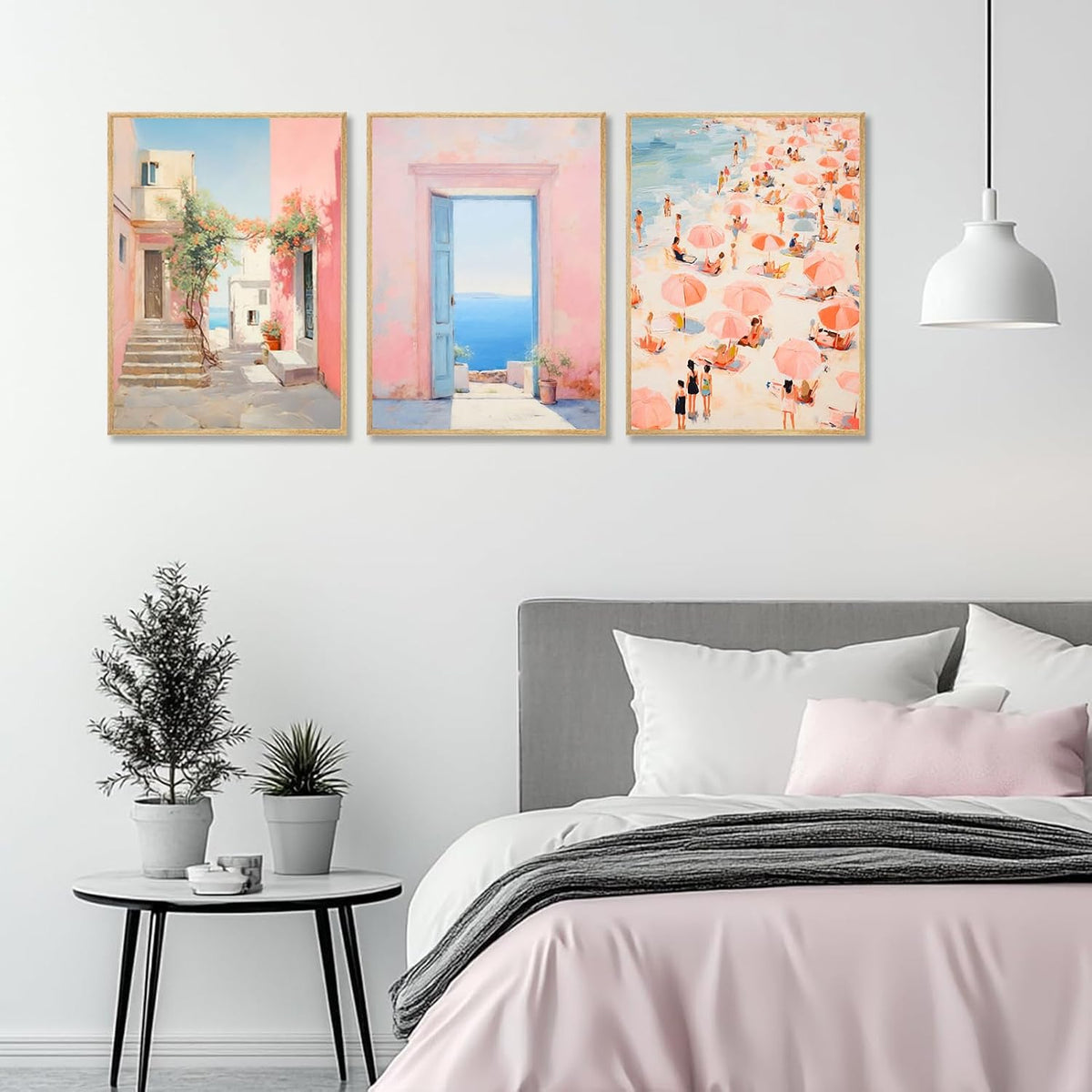 3Pcs Trendy Pink Beach Wall Art Pastel Preppy Coastal Ocean Painting Picture Wall Decor Retro Sea Beachy Scene Canvas Posters Print Artwork for Teen Girl Dorm Girls Room Aesthetic Decor 16x24in Poster