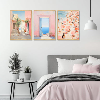 3Pcs Trendy Pink Beach Wall Art Pastel Preppy Coastal Ocean Painting Picture Wall Decor Retro Sea Beachy Scene Canvas Posters Print Artwork for Teen Girl Dorm Girls Room Aesthetic Decor 16x24in Poster