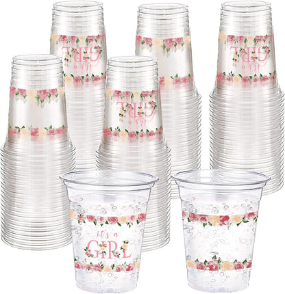 60 Pack Floral Baby Shower Cups 12 oz It's a Girl Pink Floral Disposable Clear Plastic Drinking Cups for Baby Shower Gender Reveal Birthday Party Decorations Supplies