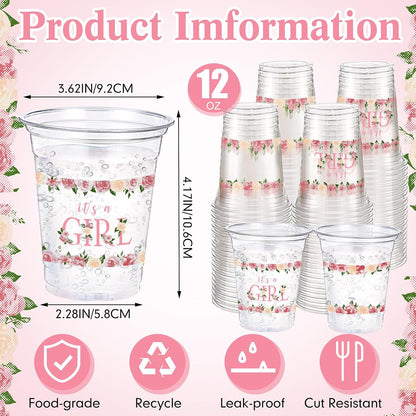 60 Pack Floral Baby Shower Cups 12 oz It's a Girl Pink Floral Disposable Clear Plastic Drinking Cups for Baby Shower Gender Reveal Birthday Party Decorations Supplies