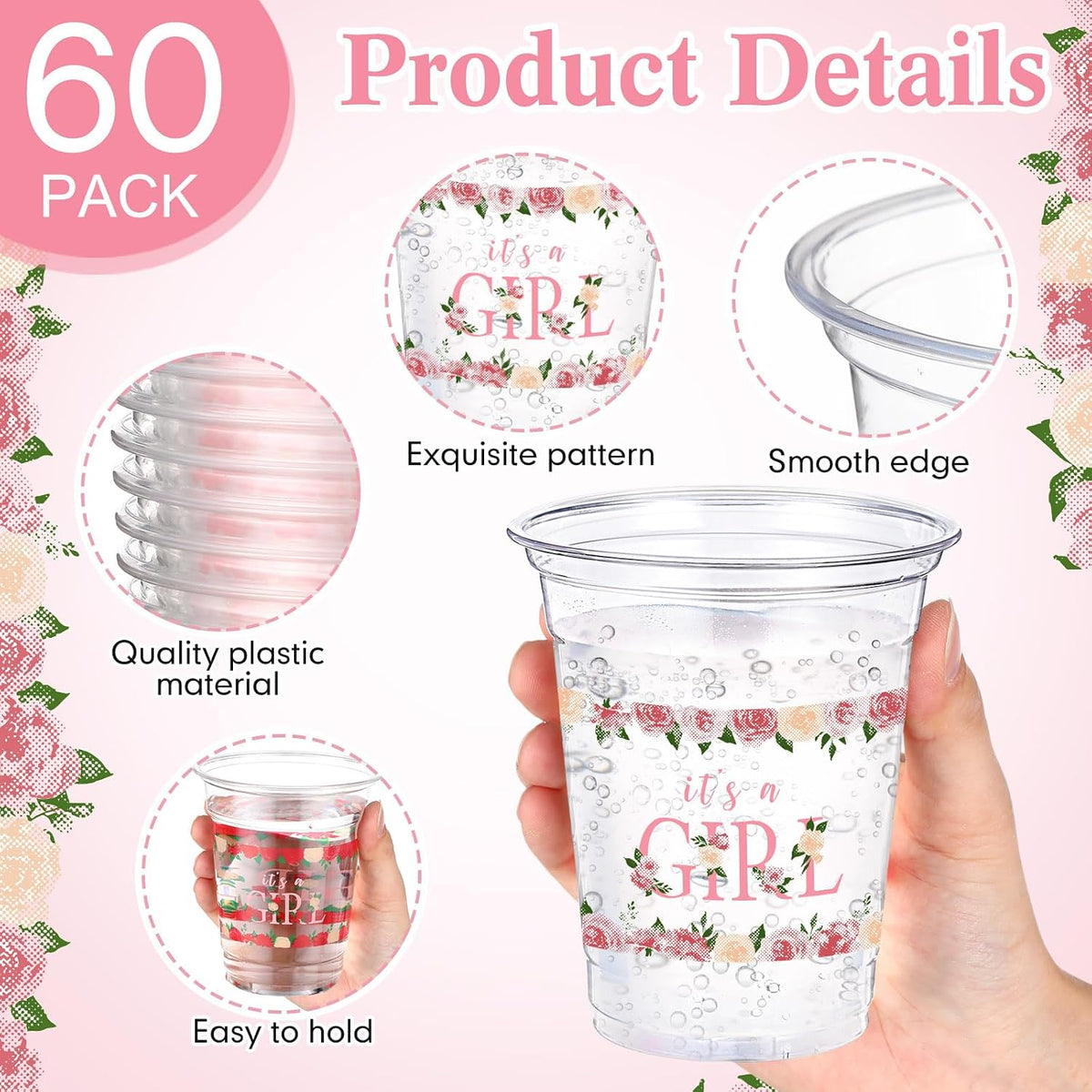 60 Pack Floral Baby Shower Cups 12 oz It's a Girl Pink Floral Disposable Clear Plastic Drinking Cups for Baby Shower Gender Reveal Birthday Party Decorations Supplies