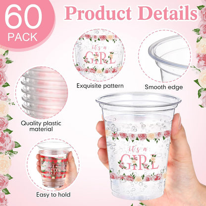 60 Pack Floral Baby Shower Cups 12 oz It's a Girl Pink Floral Disposable Clear Plastic Drinking Cups for Baby Shower Gender Reveal Birthday Party Decorations Supplies