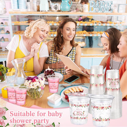 60 Pack Floral Baby Shower Cups 12 oz It's a Girl Pink Floral Disposable Clear Plastic Drinking Cups for Baby Shower Gender Reveal Birthday Party Decorations Supplies