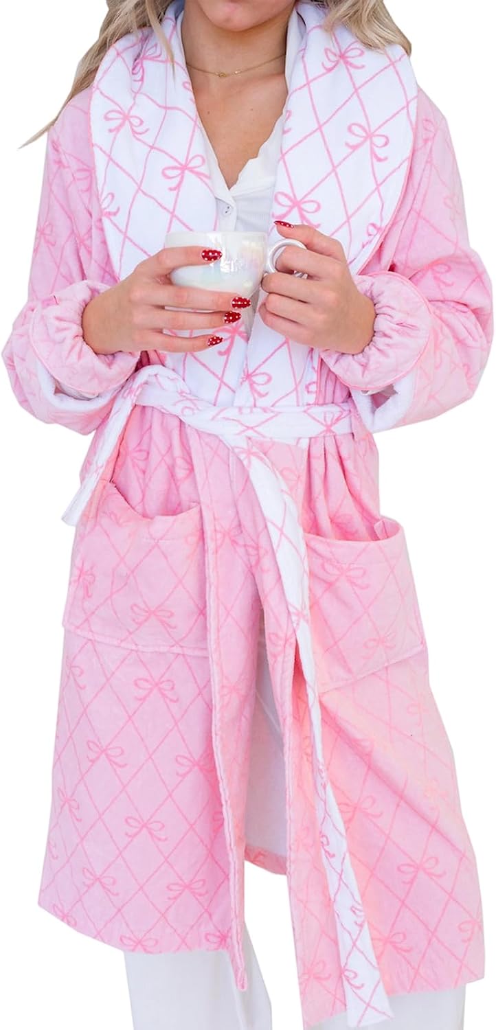 Bow Robes For Women Robe Lightweight Short Women Bathrobe Soft Ladies Cute Bathrobe With Pocket Pink And White