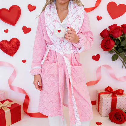 Bow Robes For Women Robe Lightweight Short Women Bathrobe Soft Ladies Cute Bathrobe With Pocket Pink And White